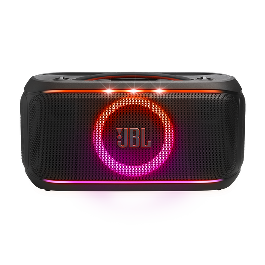 JBL PartyBox On-the-Go 2 - Black - Portable party speaker with two wireless digital mics, handle and a shoulder strap - Front
