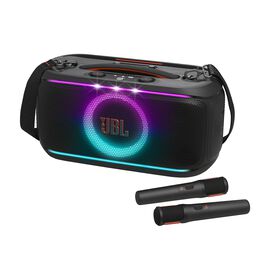 JBL PartyBox On-the-Go 2 - Black - Portable party speaker with two wireless digital mics, handle and a shoulder strap - Hero JBL PartyBox On-the-Go 2 - Black - Portable party speaker with two wireless digital mics, handle and a shoulder strap - Hero