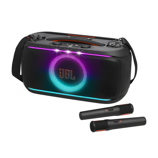 JBL PartyBox On-the-Go 2 - Black - Portable party speaker with two wireless digital mics, handle and a shoulder strap - Hero
